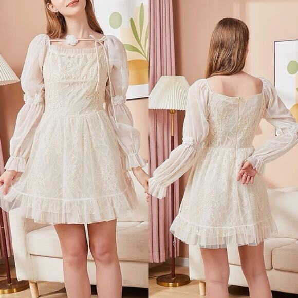 Unbranded Dresses & Skirts - Cottagecore Ivory Lace Dress Long Slv Rosettes Regency Sz M Tulle Pleated Fairy